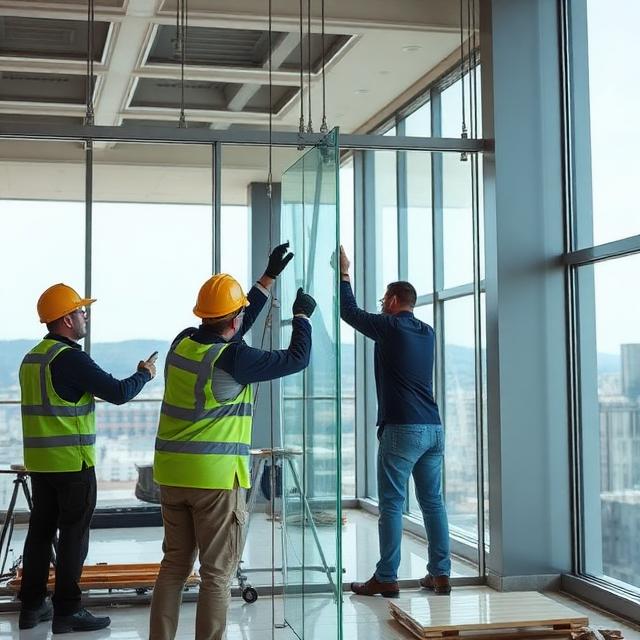 Echipa instalând sticlă